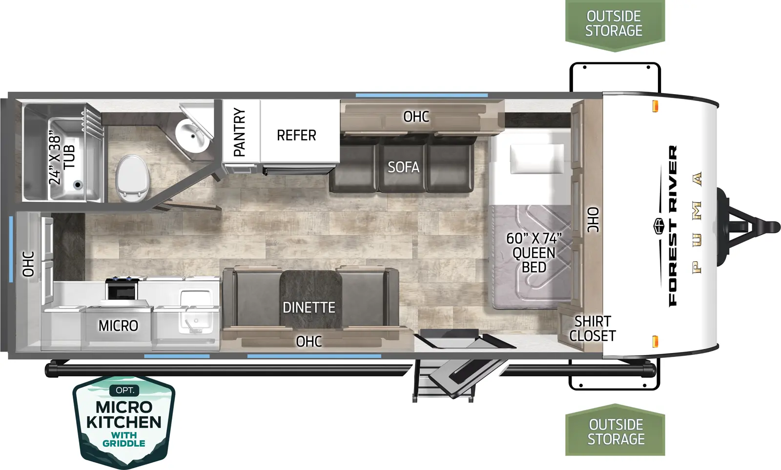 The Puma Ultra Lite 18RKX floorplan has one entry and zero slide outs. Exterior features include: metal exterior, 14' awning and outside kitchen. Interiors features include: front bedroom.